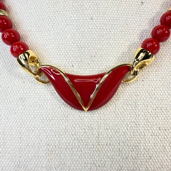 Vintage Napier Necklace Red Enamel Gold Tone Classic Chic 80s Signed - Picture 2 of 8